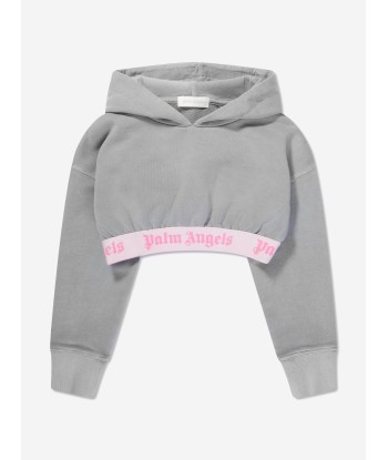 Palm Angels Girls Logo Band Cropped Hoodie in Grey Paris Déstockage Promo