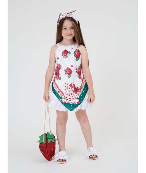 Monnalisa Girls Strawberry Scarf Print Dress in White Les magasins à Paris