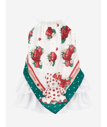 Monnalisa Girls Strawberry Scarf Print Dress in White Les magasins à Paris