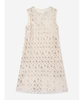 Calvin Klein Girls Metallic AOP Dress in Beige 2023