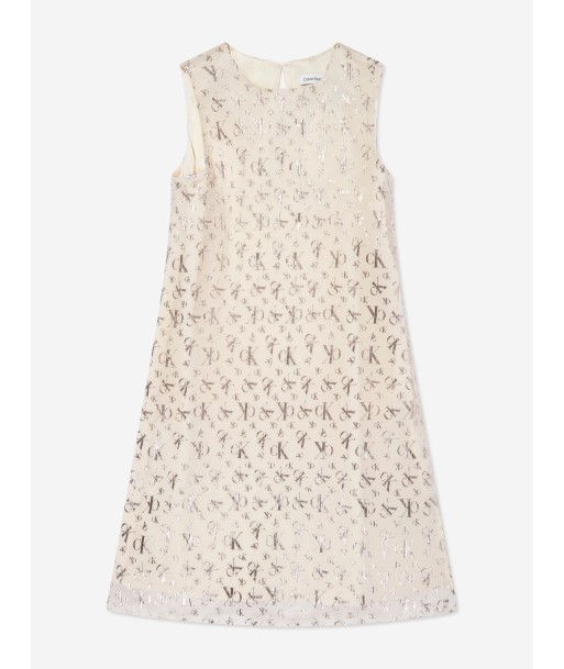 Calvin Klein Girls Metallic AOP Dress in Beige 2023