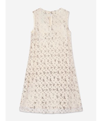 Calvin Klein Girls Metallic AOP Dress in Beige 2023