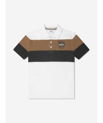 BOSS Boys Striped Polo Shirt in White livraison gratuite