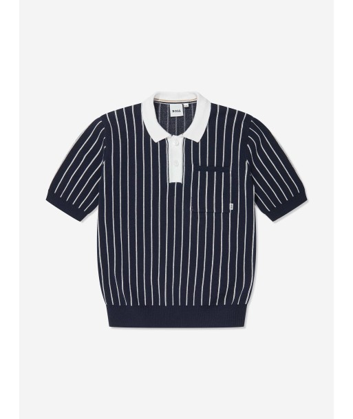 BOSS Boys Striped Knitted Polo Shirt in Navy Par le système avancé 