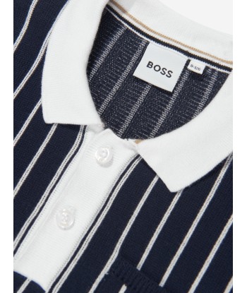 BOSS Boys Striped Knitted Polo Shirt in Navy Par le système avancé 