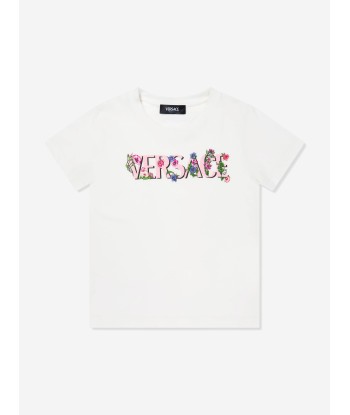 Versace Girls Floral Logo T-Shirt in White Faites des économies