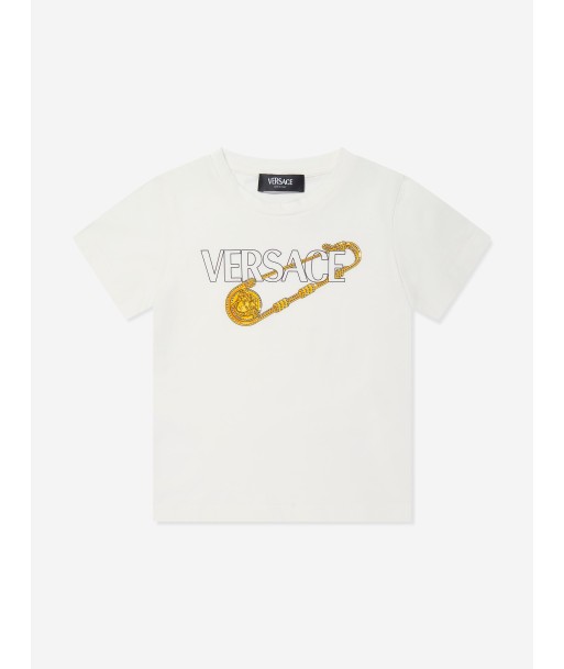 Versace Girls Safety Pin Logo T-Shirt in White prix pour 