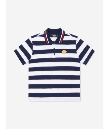 Versace Boys Striped Medusa Logo Polo Shirt in Navy de technologie