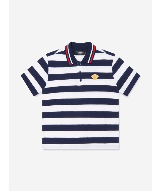 Versace Boys Striped Medusa Logo Polo Shirt in Navy de technologie