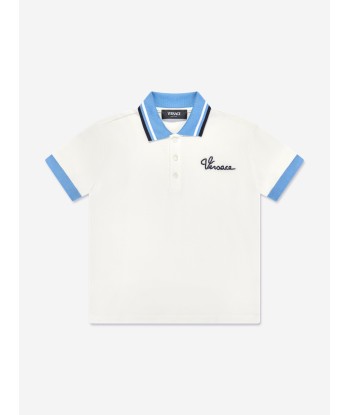 Versace Boys Embroidered Logo Polo Shirt in White Profitez des Offres !