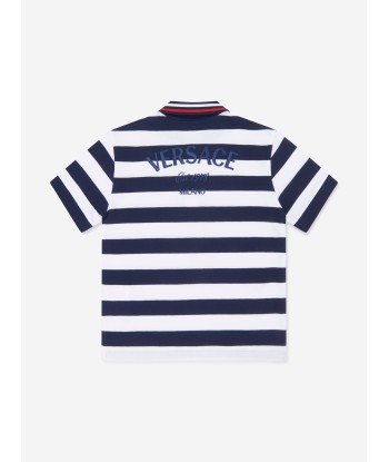 Versace Boys Striped Medusa Logo Polo Shirt in Navy de technologie