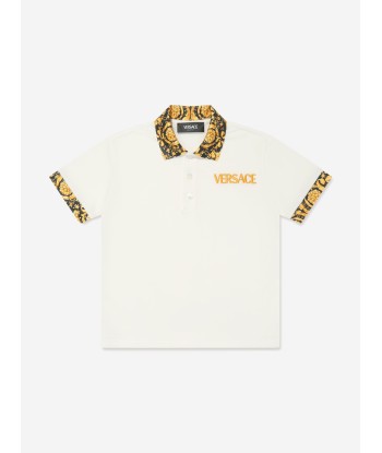 Versace Boys Barocco Logo Polo Shirt in White les ctes