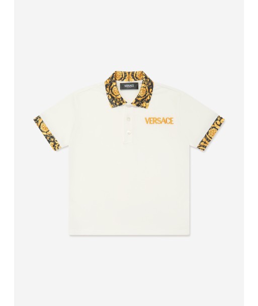 Versace Boys Barocco Logo Polo Shirt in White les ctes