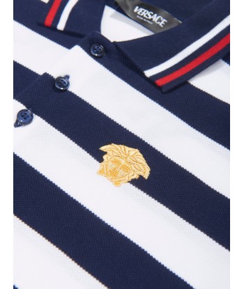 Versace Boys Striped Medusa Logo Polo Shirt in Navy de technologie