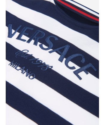 Versace Boys Striped Medusa Logo Polo Shirt in Navy de technologie