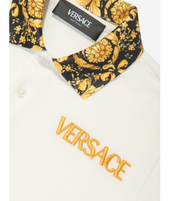 Versace Boys Barocco Logo Polo Shirt in White les ctes