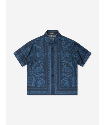 Versace Boys Silk Barocco Shirt in Navy le des métaux précieux