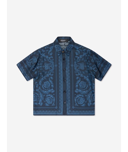 Versace Boys Silk Barocco Shirt in Navy le des métaux précieux