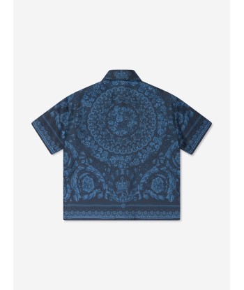 Versace Boys Silk Barocco Shirt in Navy le des métaux précieux