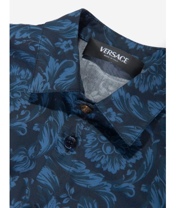 Versace Boys Silk Barocco Shirt in Navy le des métaux précieux