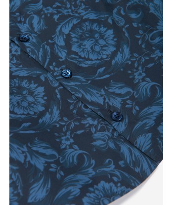 Versace Boys Silk Barocco Shirt in Navy le des métaux précieux