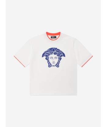 Versace Boys Jersey And Net Logo T-Shirt in White Faites des économies