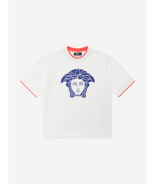 Versace Boys Jersey And Net Logo T-Shirt in White Faites des économies